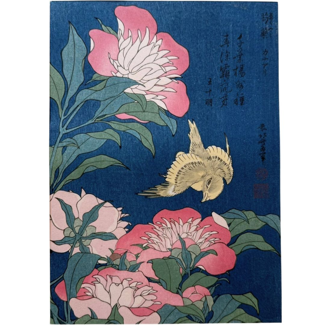 Peonies and Canary (Shakuyaku, kanaari), from an untitled series known as Small Flowers (Woodblock Print)